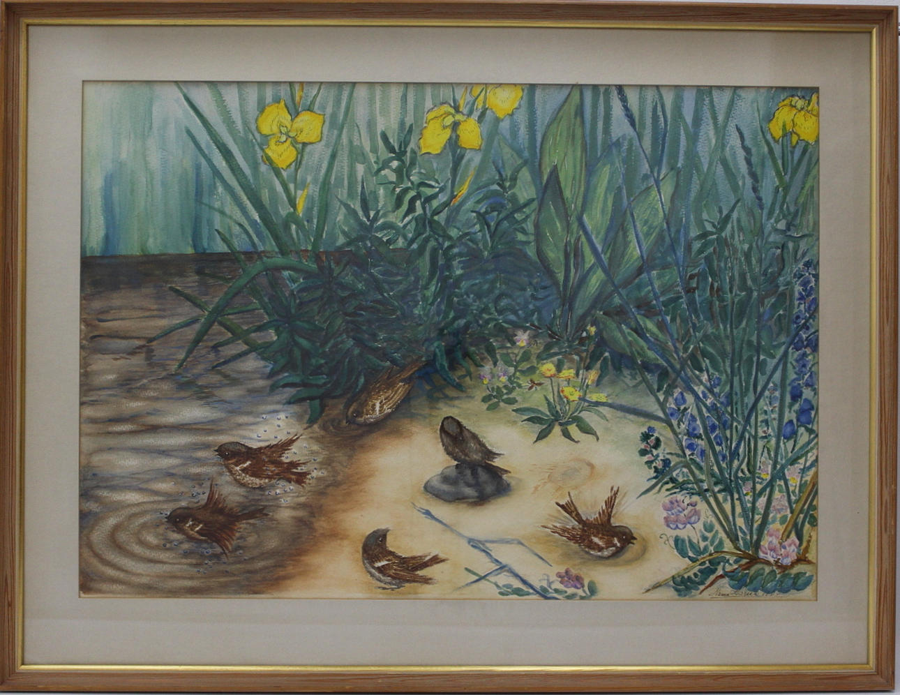 OIDENTIFIERAD KONSTNÄR akvarell, fågelbad signerad Nanna Larsèn.