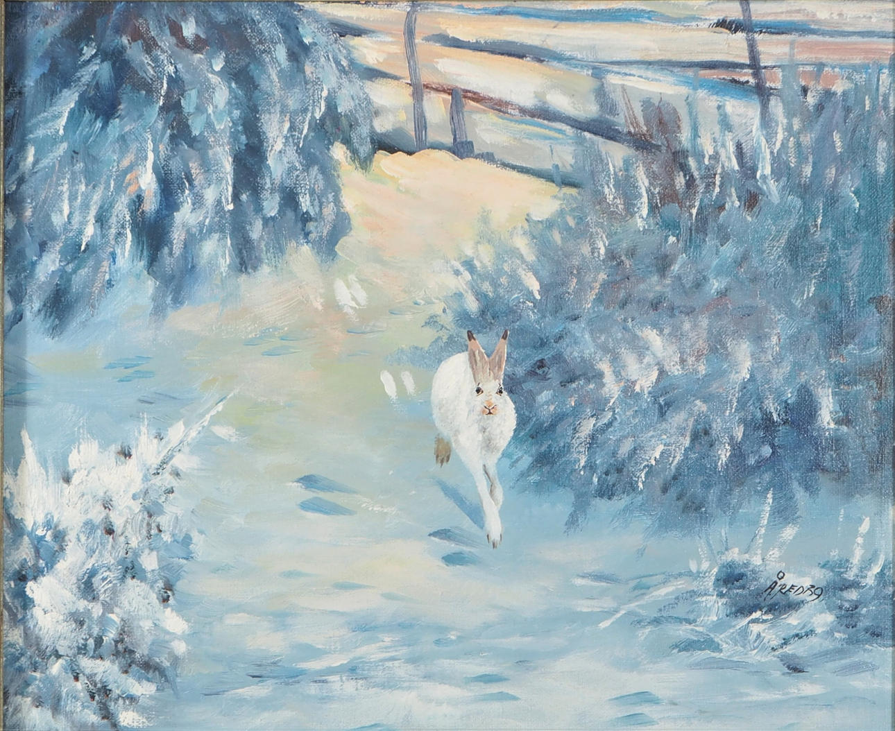 PER ÅKERED. Öl auf Leinwand, "Hase im Schnee".