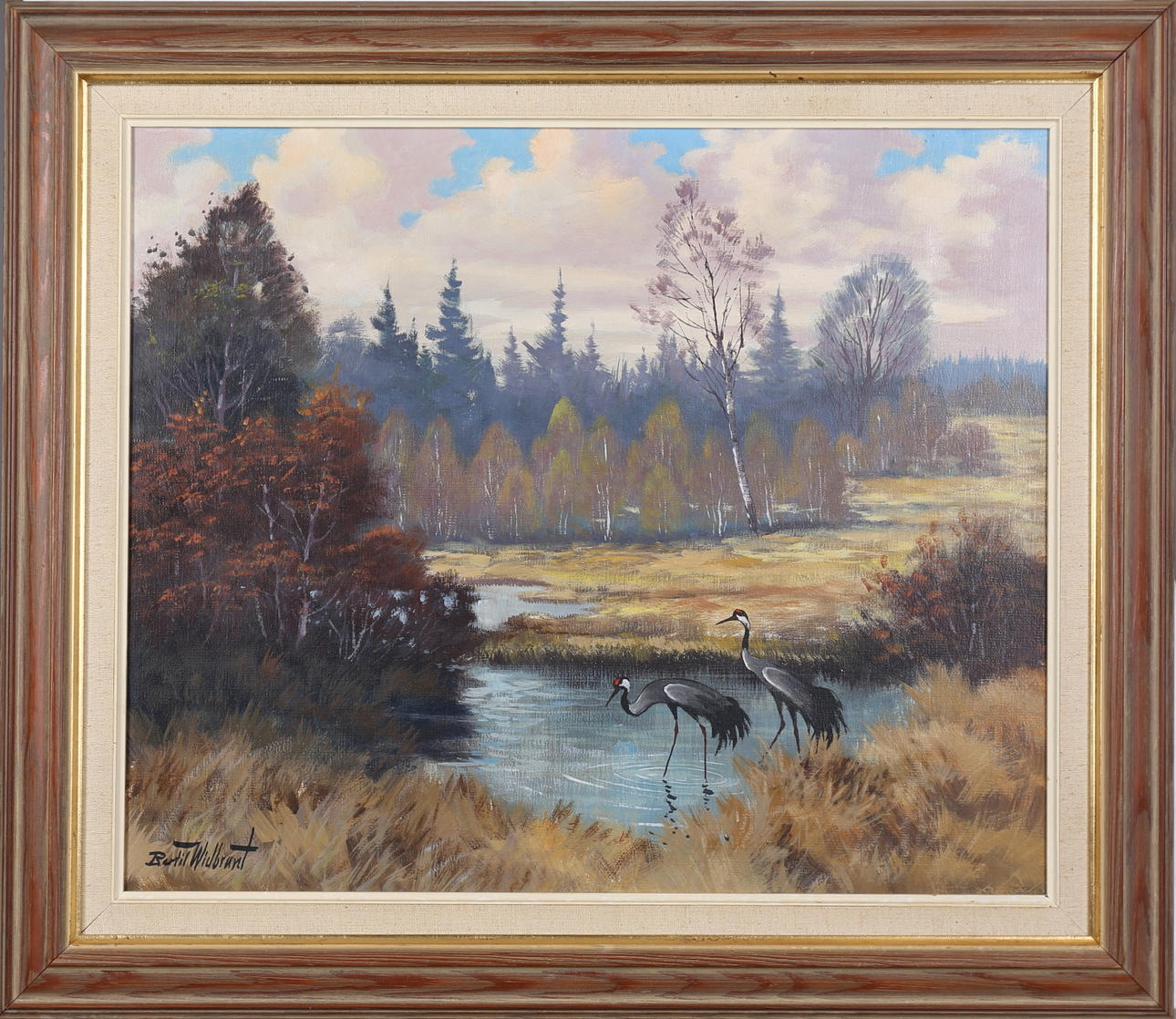 BERTIL WIDBRANT. Tranor vid skogstjärn, olja på duk, signerad.