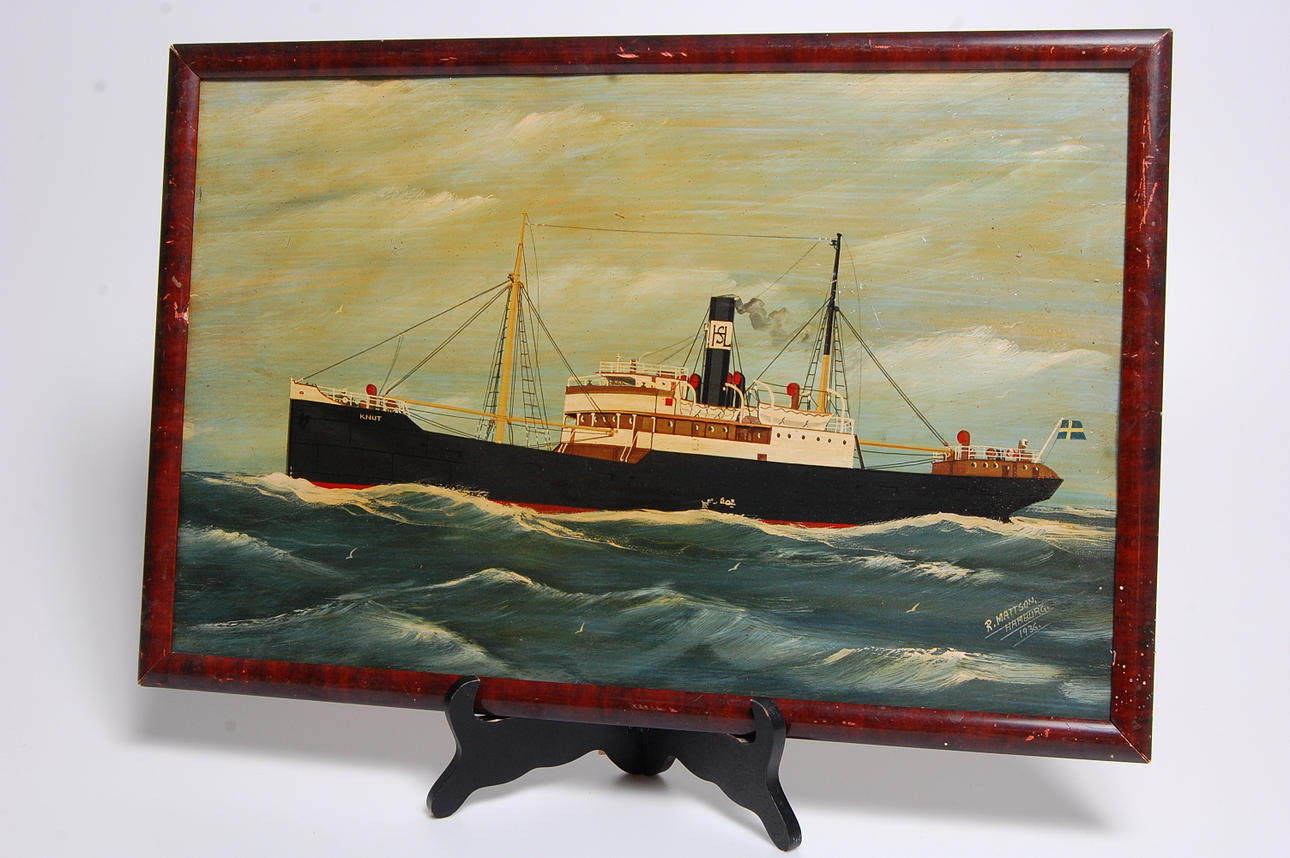 OIDENTIFIERAD KONSTNÄR. olja på pannå, Marint motiv, " Knut " signerad R Mattson, Hamburg 1936.