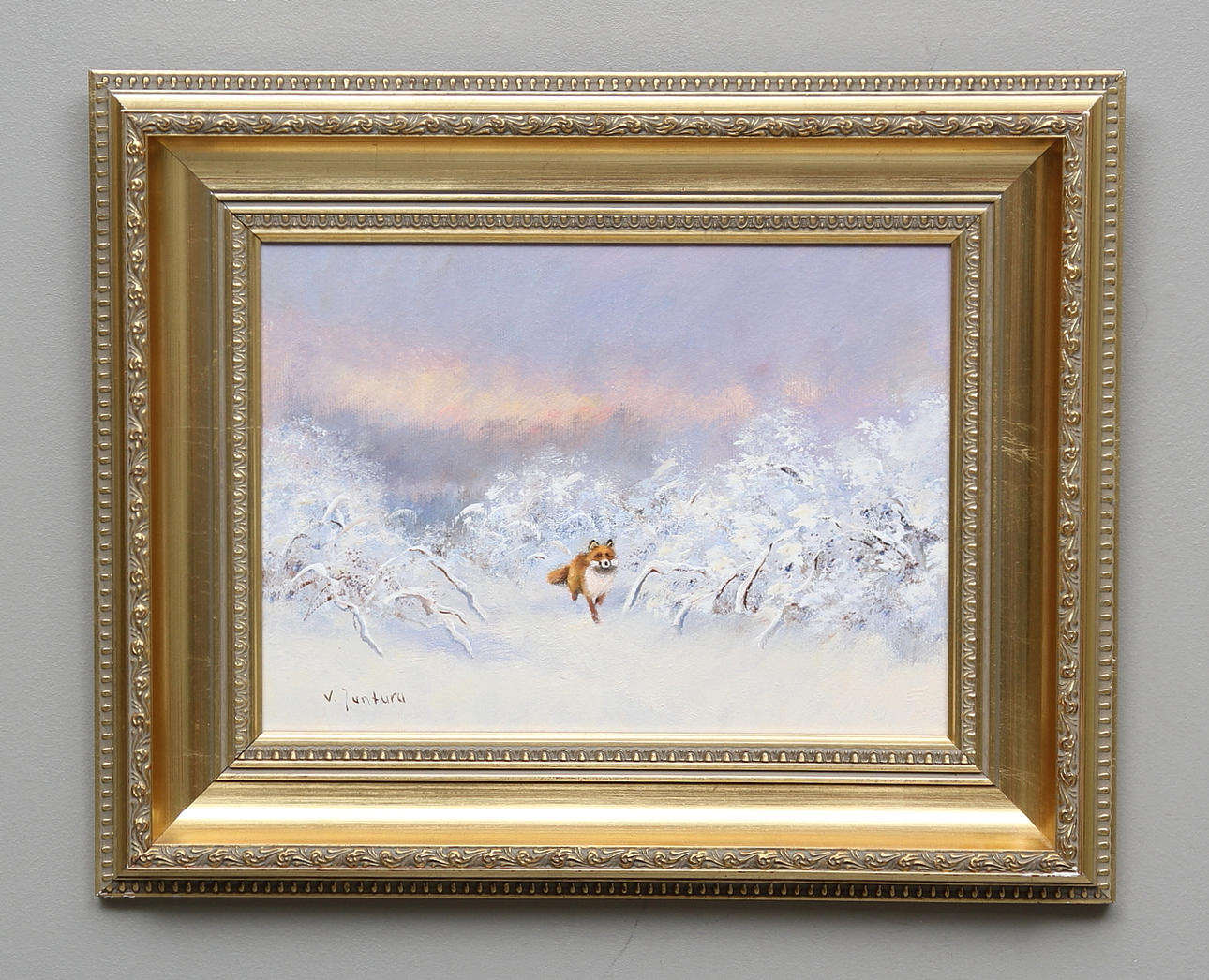 VÄINÖ JUNTURA. Räv i vinterlandskap. Olja på duk. Signerad V.Juntura.