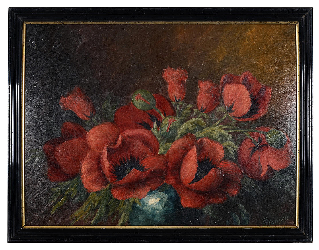 EJNAR HANSEN. Bodegón con amapolas en flor. óleo sobre cartón.