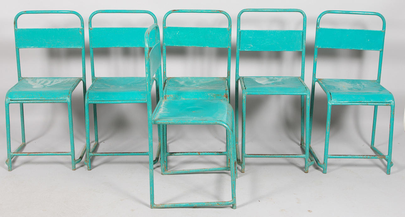 STOLAR, 6 stycken stapelbara, grönmålad metall, industridesign.