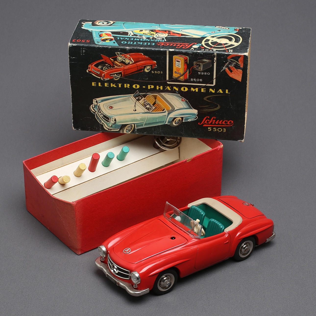 SCHUCO 5503 Electro-phenomenal, red, battery, tin, wire controlled, original packaging, Western Germany.