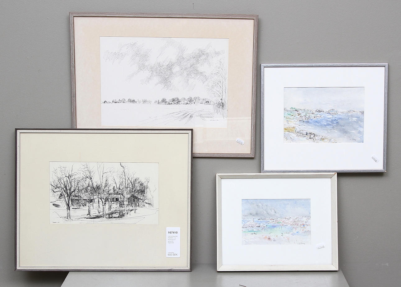 ÖSTGÖTAKONSTNÄRER. 4 st. Teckning och gouacher. Signerade.