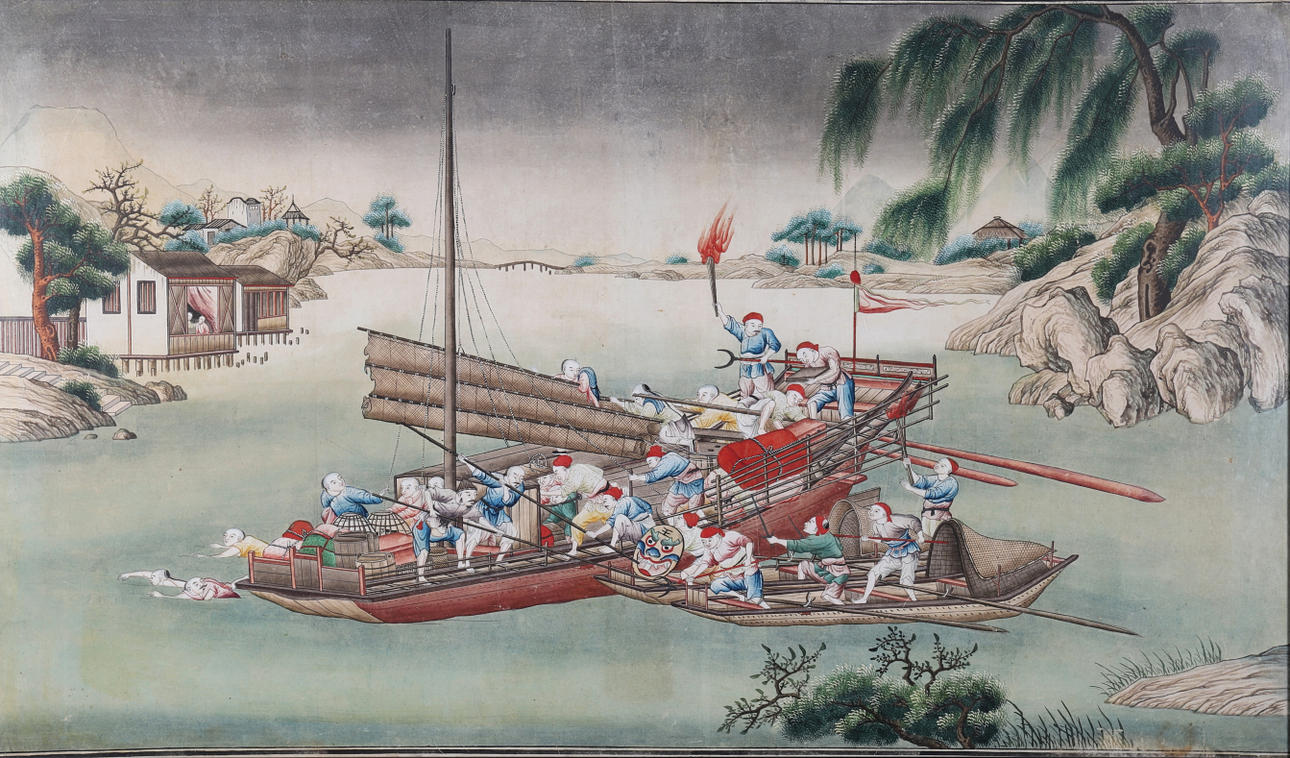 AN EXCEPTIONALLY LARGE CHINESE EXPORT PAINTING ON PAPER DEPICTING A TRADING BOAT WITH PIRATE BOAT ATTACK.
