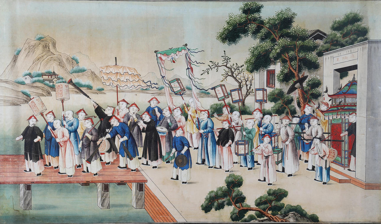 AN EXCEPTIONALLY LARGE CHINESE EXPORT PAINTING ON PAPER DEPICTING A WEDDING PROCESSION.