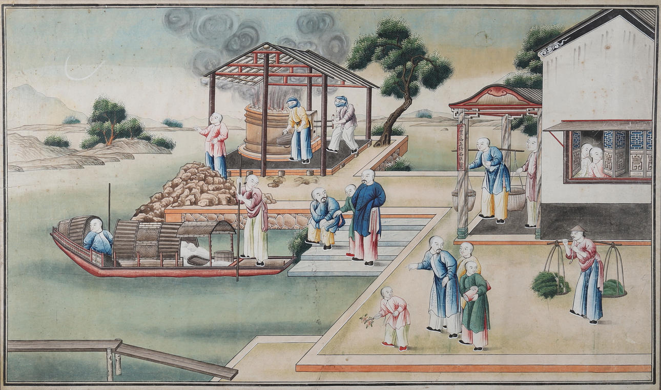 AN EXCEPTIONALLY LARGE CHINESE EXPORT PAINTING ON PAPER DEPICTING QUICK LIME PROCESSING.