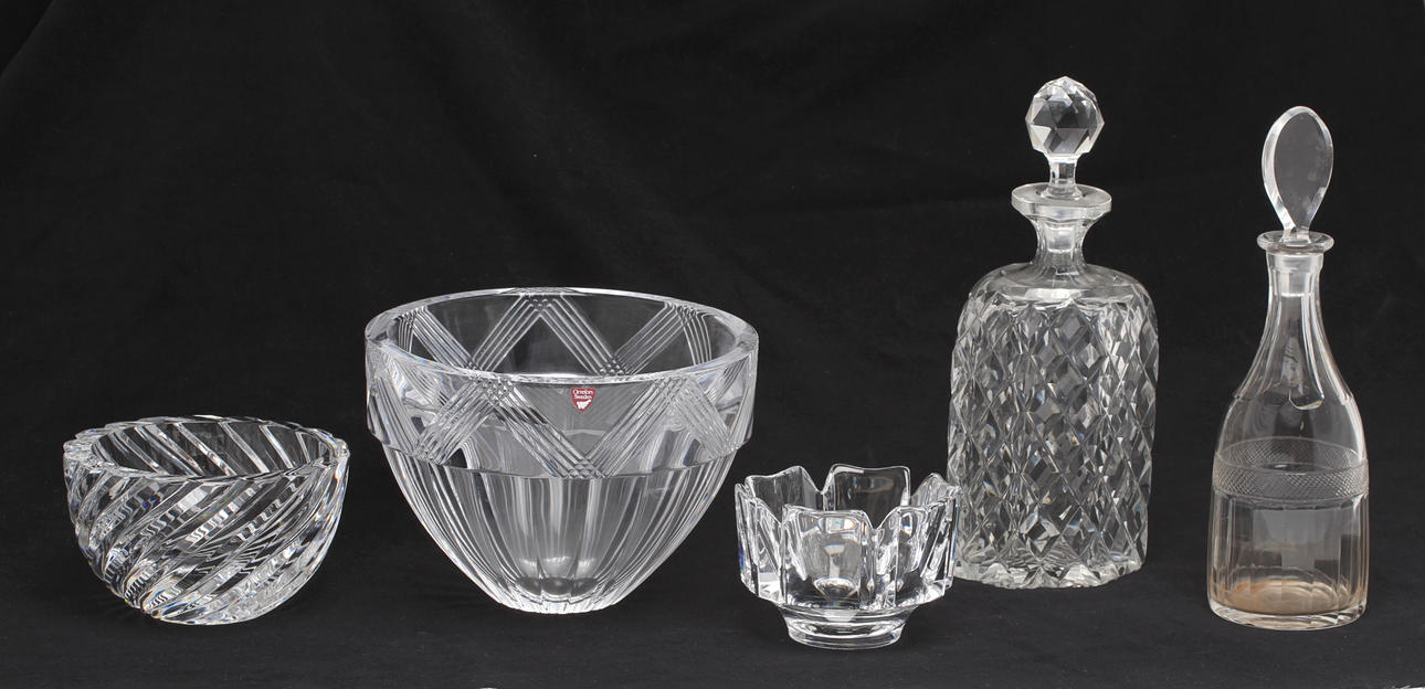 PARTI GLAS, 5 delar, Skålar och karaffer, Bland annat Orrefors, 1900-tal.