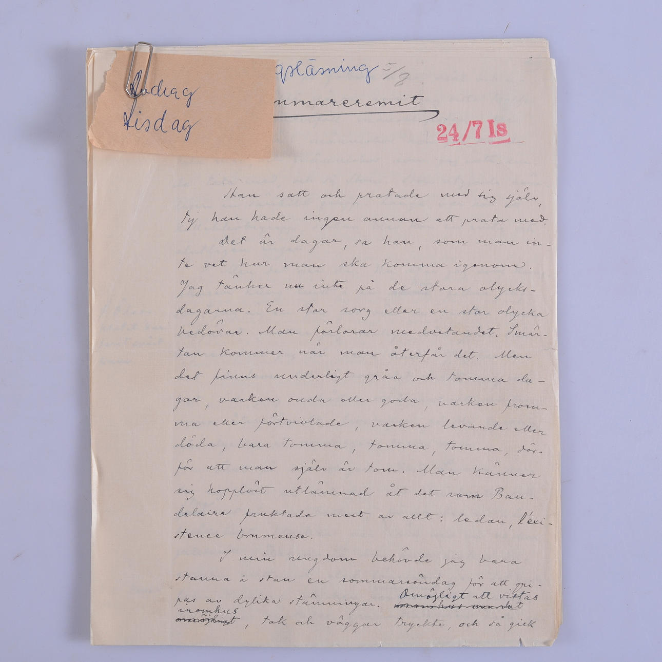 MANUSKRIPT, 8 sidor, Bo Bergman.