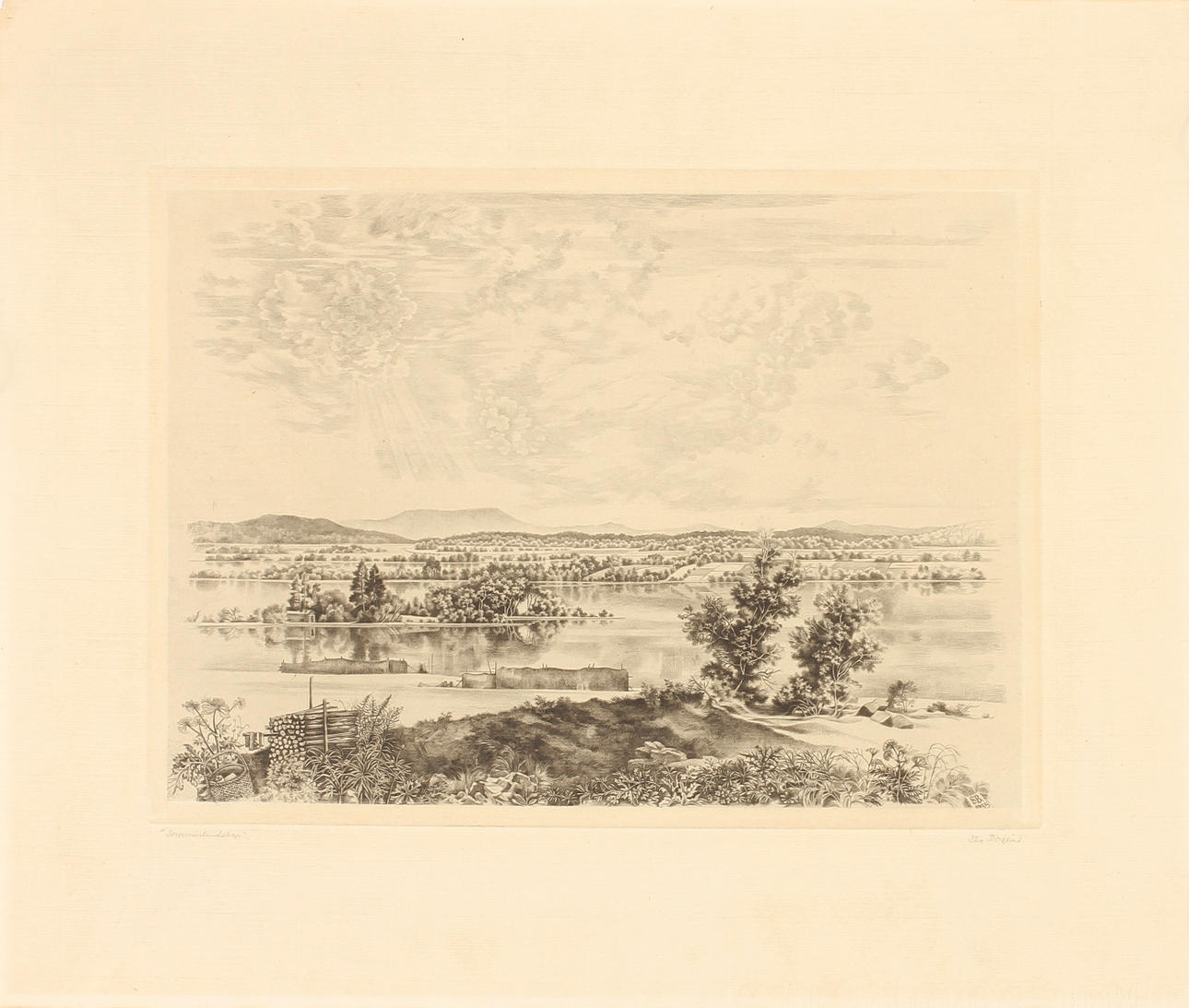 STIG BORGLIND. "Sommarlandskap", etsning, signerad.