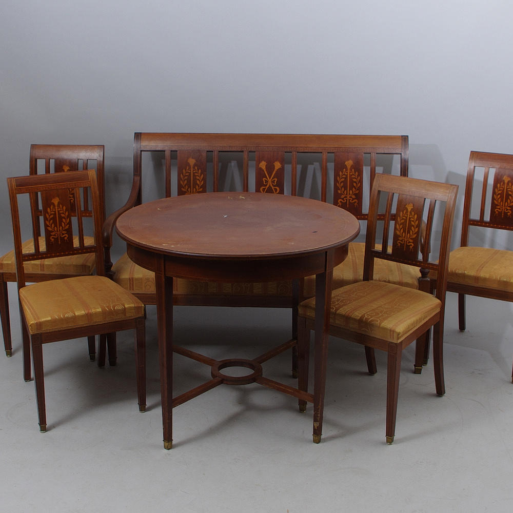 SALONGSGRUPP, mahogny med intarsia, empirestil.