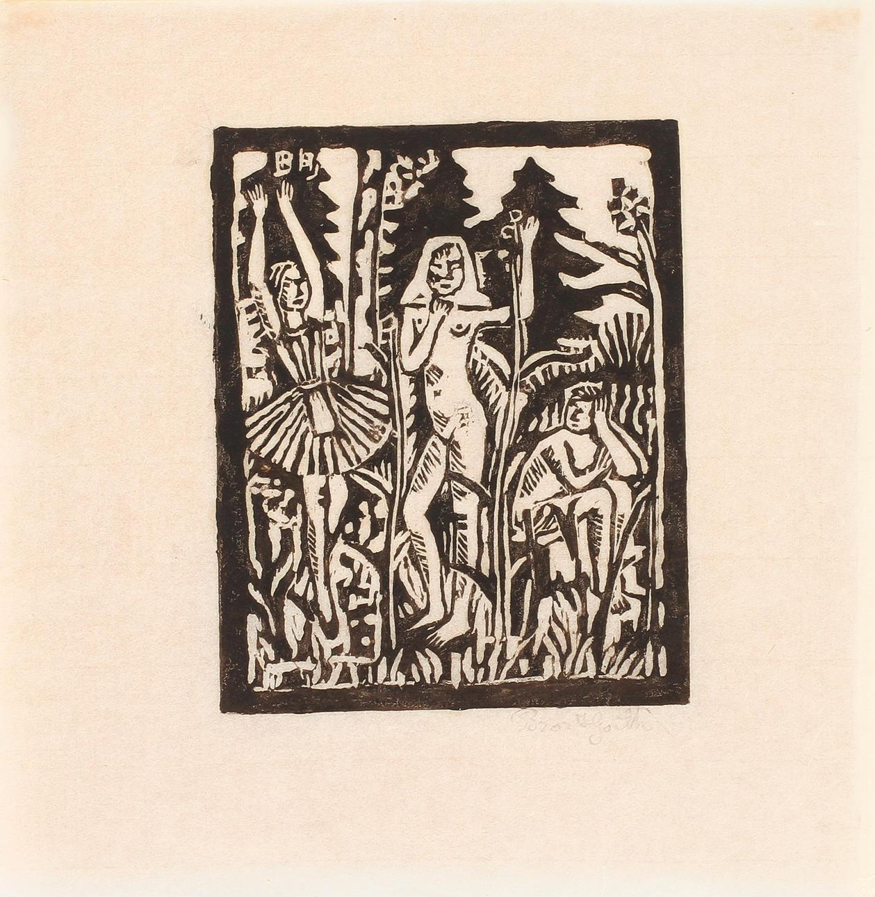 BROR HJORTH. Figurkomposition, träsnitt, signerad.