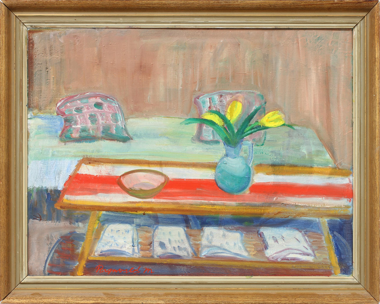 RAGNVALD MAGNUSSON. Interiör med gula blommor. Olja på duk. Signerad.