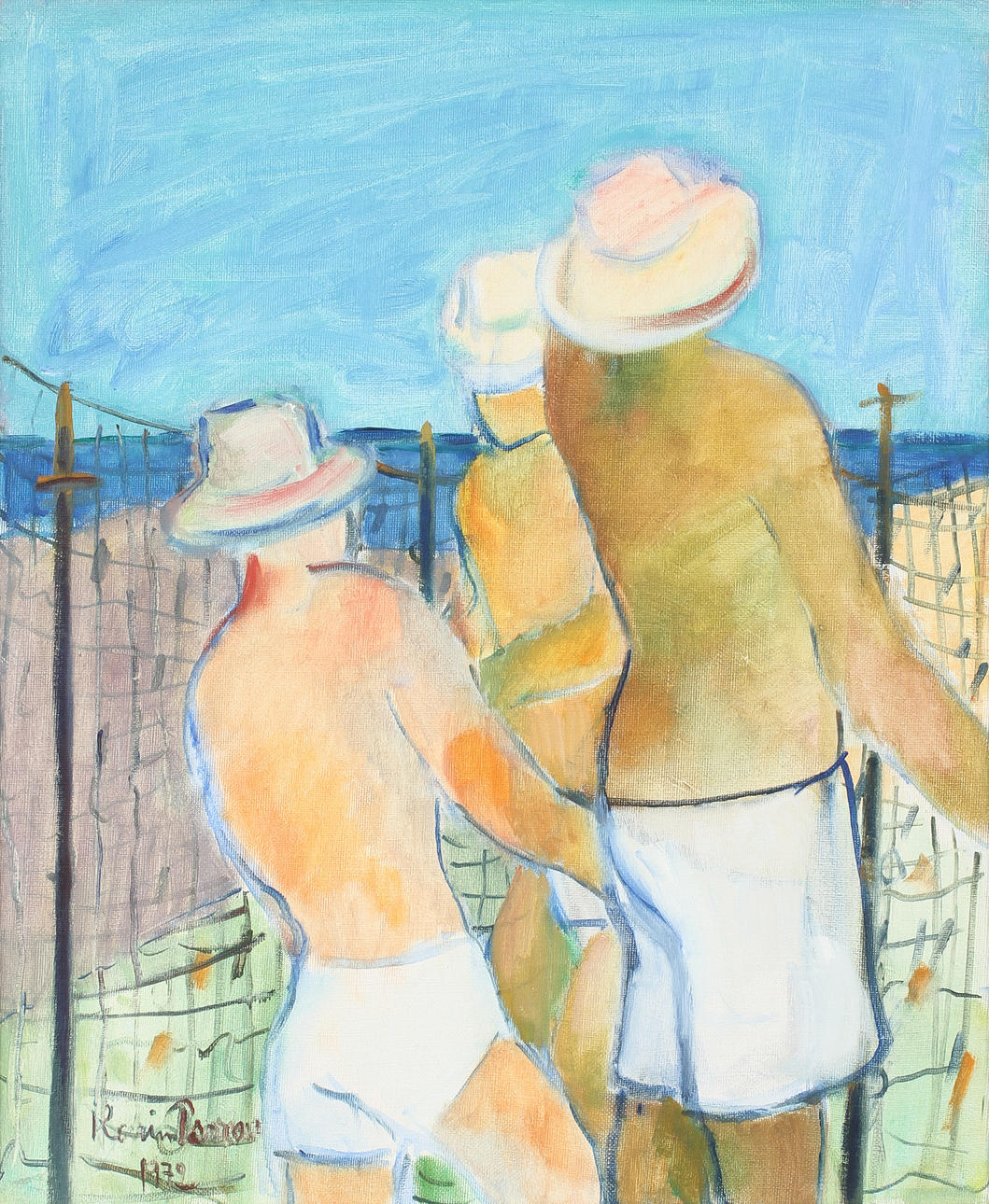 KARIN PARROW. Män gistar nät vid Islandsberg. Olja på duk. Signerad och daterad 1972.