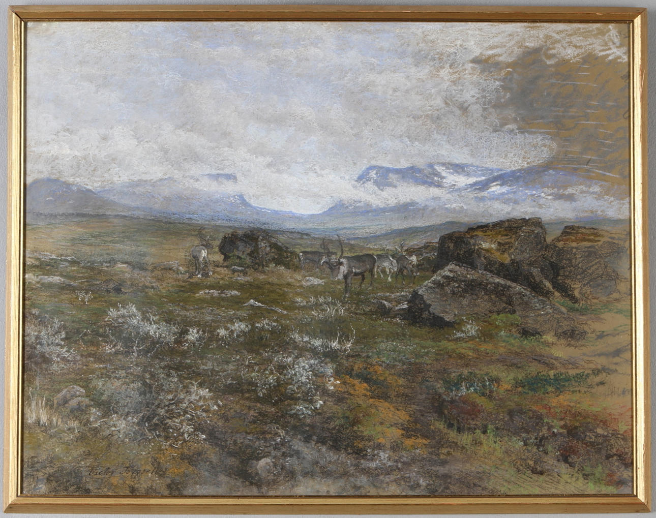 VICTOR FORSELL. Renar vid Lapporten, pastell, signerad.