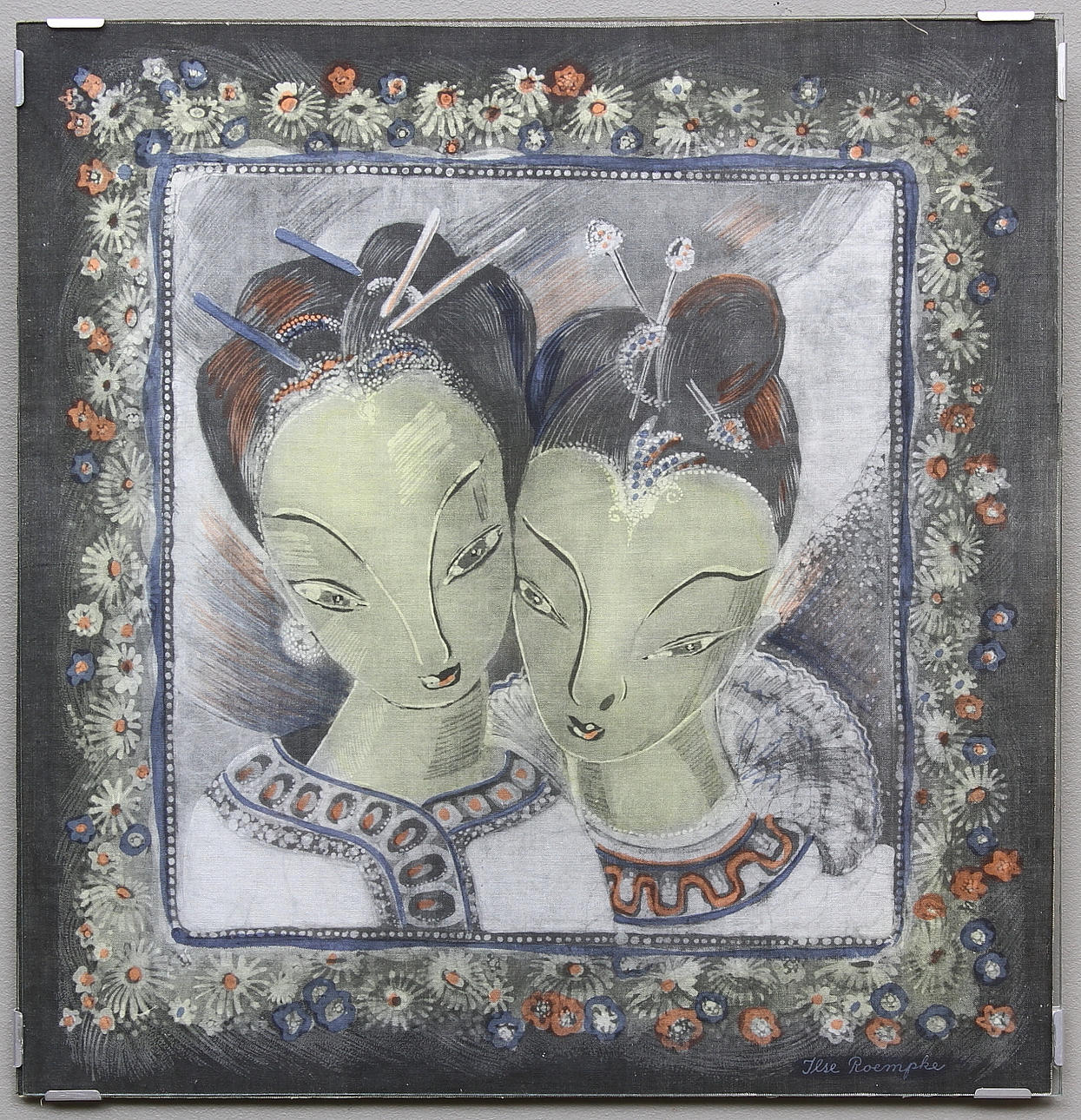 ILSE ROEMPKE, TIDIGARE CLAESSON. Motiv med två kvinnor. Textiltryck. Signerad i trycket.