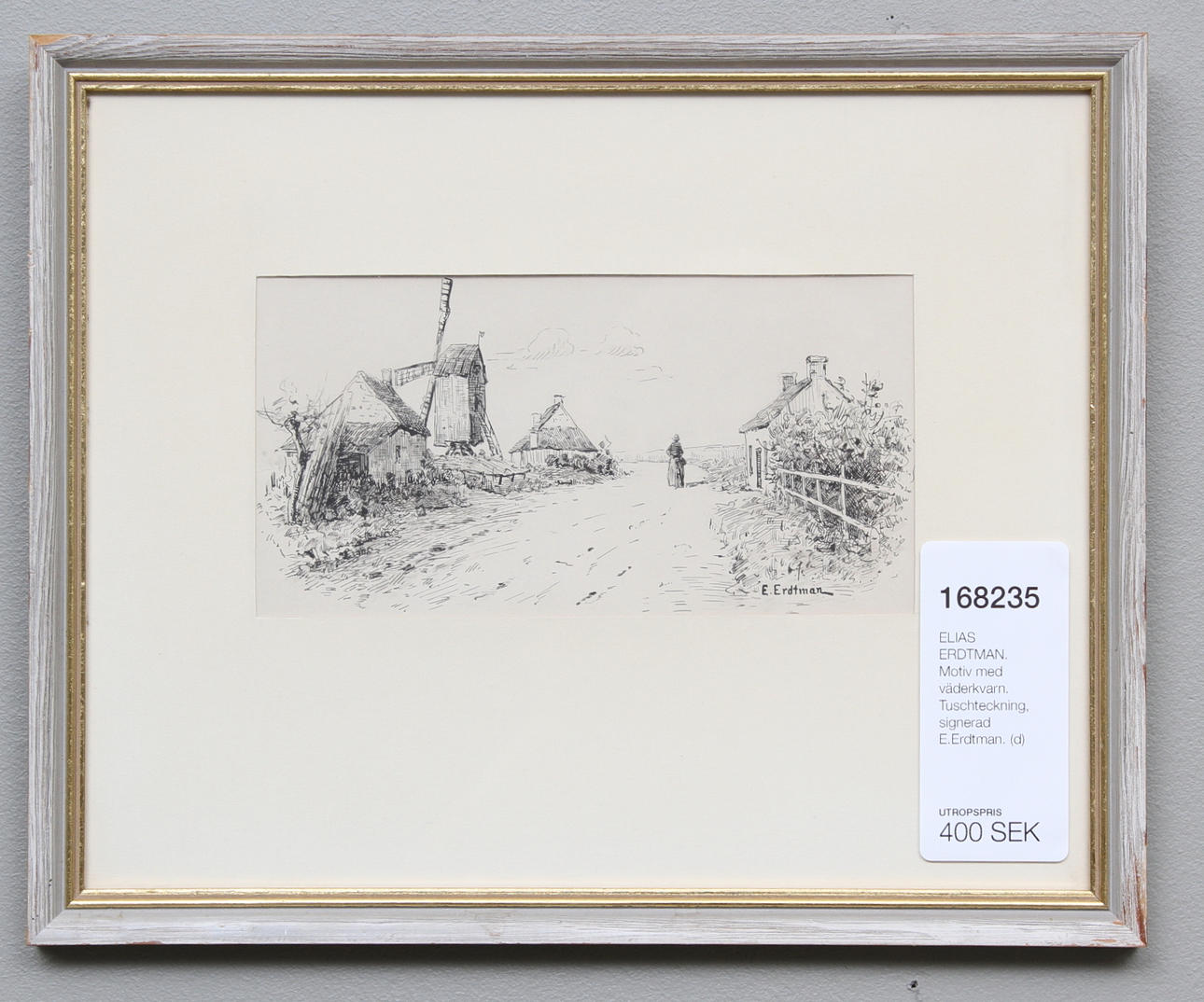 ELIAS ERDTMAN. Motiv med väderkvarn. Tuschteckning, signerad E.Erdtman.