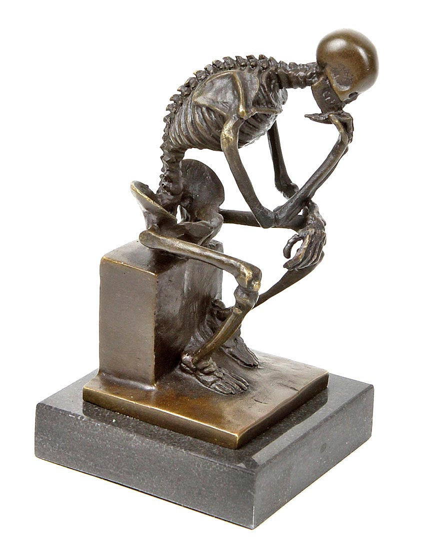 BRONZE SCULPTURE, THE THINKER, SKELETON.