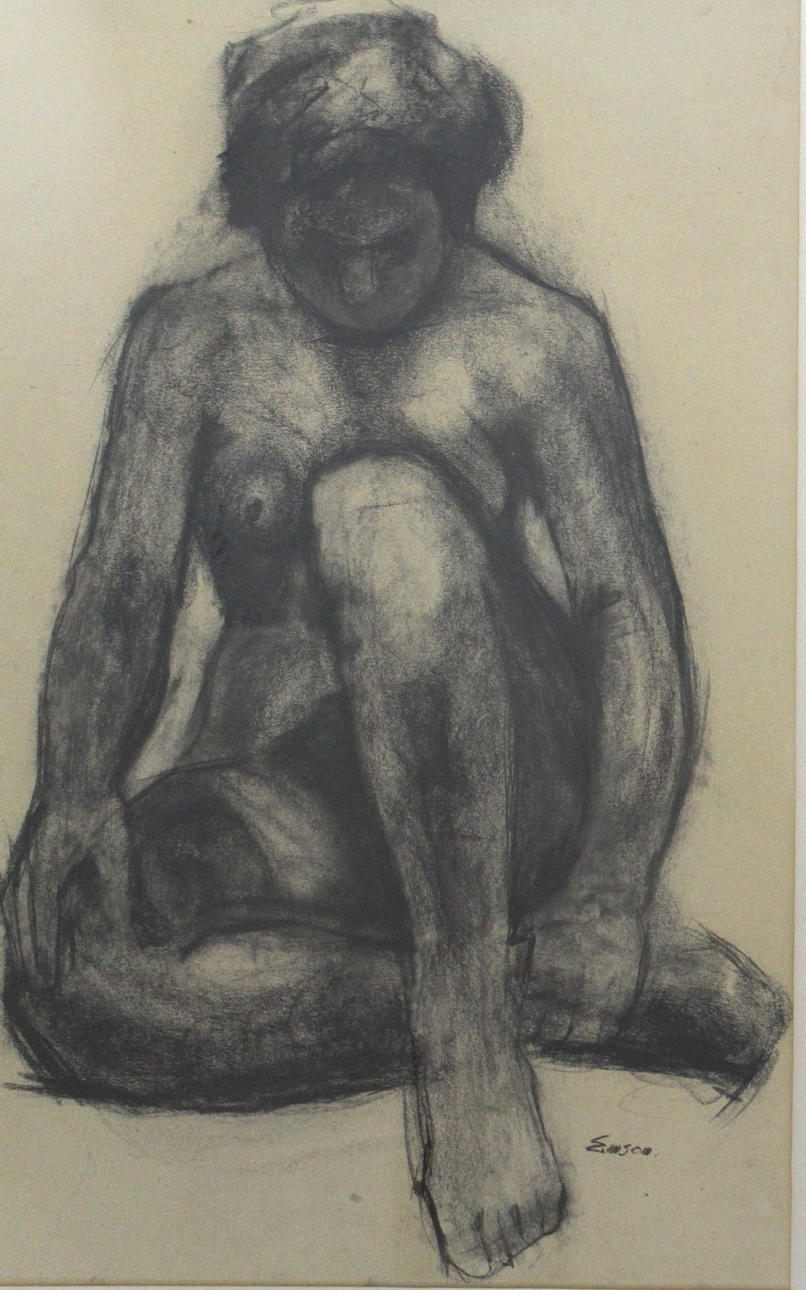 EMSON. kolteckning "sittande naken kvinna" signerad.