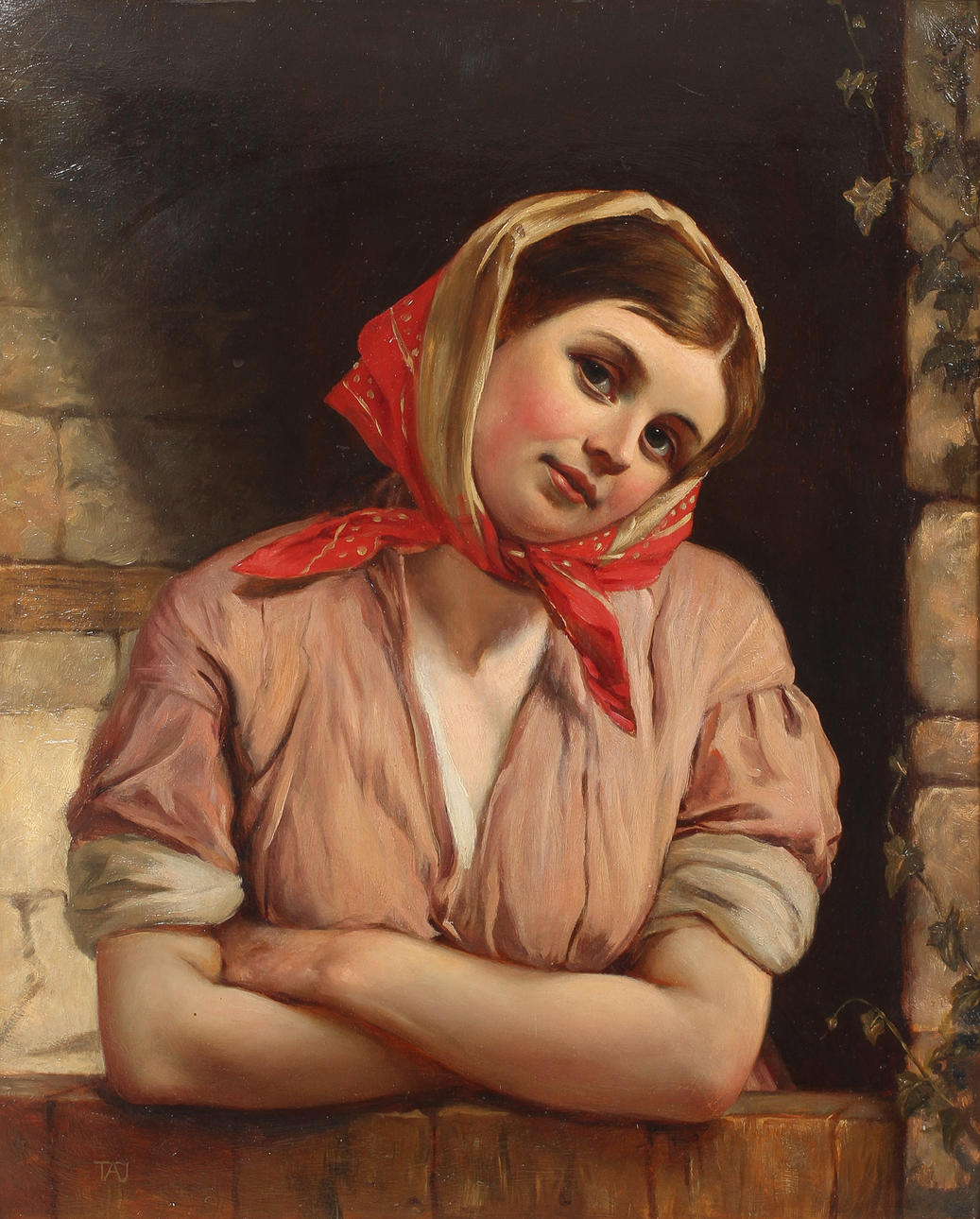 THOMAS ALFRED JONES. TILLSKRIVEN. Porträtt av Molly Asthore 1884 enligt text a tergo, olja på pannå, monogramsignerad TAJ.