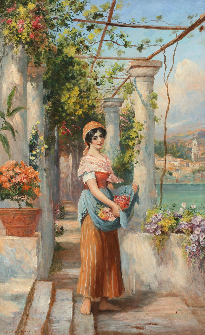 TREVOR HADDON. Kvinna med blommor, olja på duk, signerad.