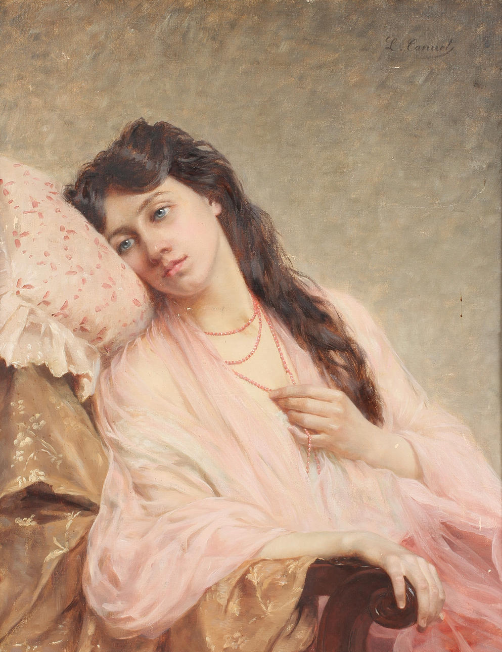 LOUISE CANUET. Porträtt av dam, olja på duk, signerad.