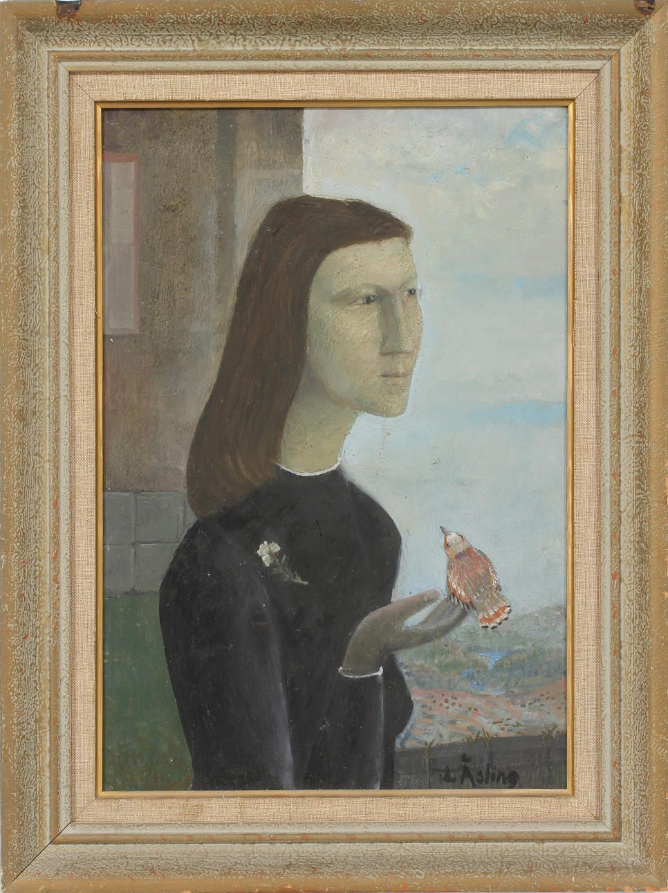 LENNART ÅSLING. Flicka med fågel, Olja på pannå, signerad.