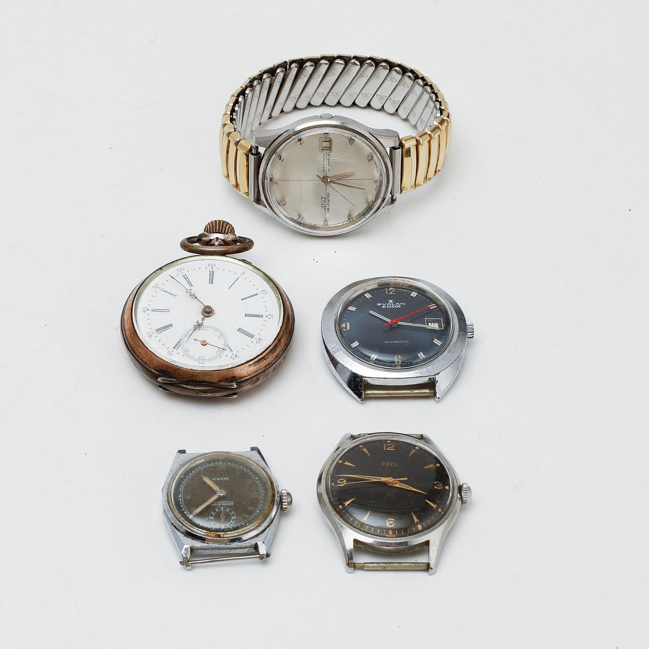 WRIST WATCH, 4 pcs, and POCKET WATCH.
