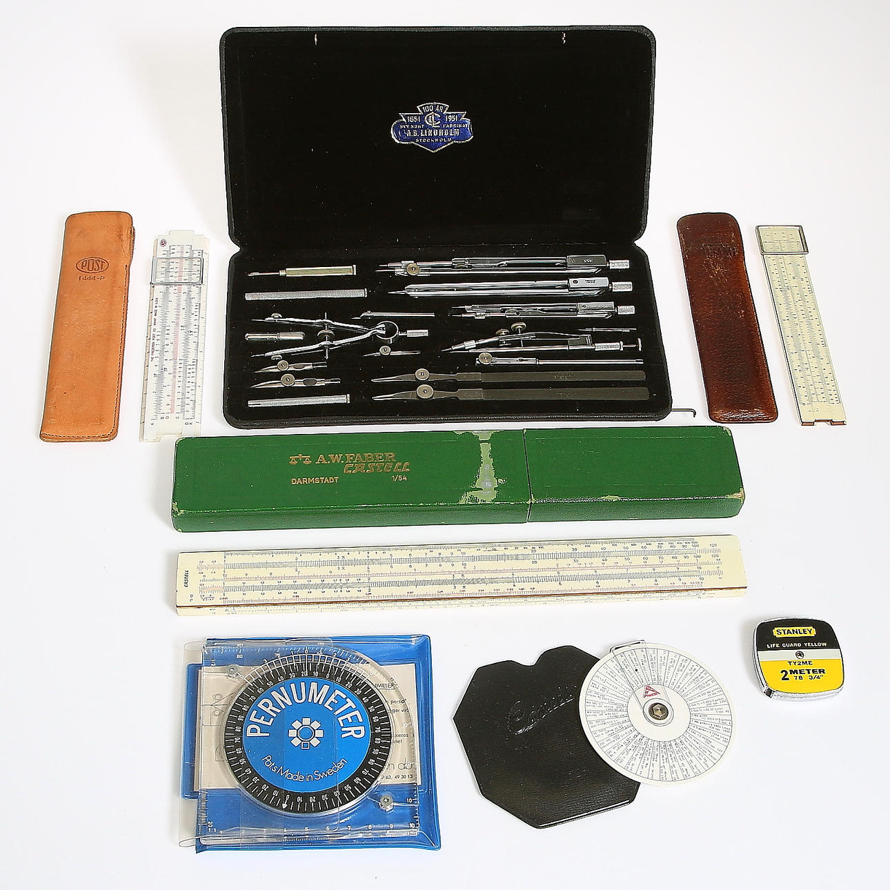 PARTI MÄT/RITINSTRUMENT, bl.a. C.L. AB Lindholm Stockholm, ritbestick. 1900-talets mitt.