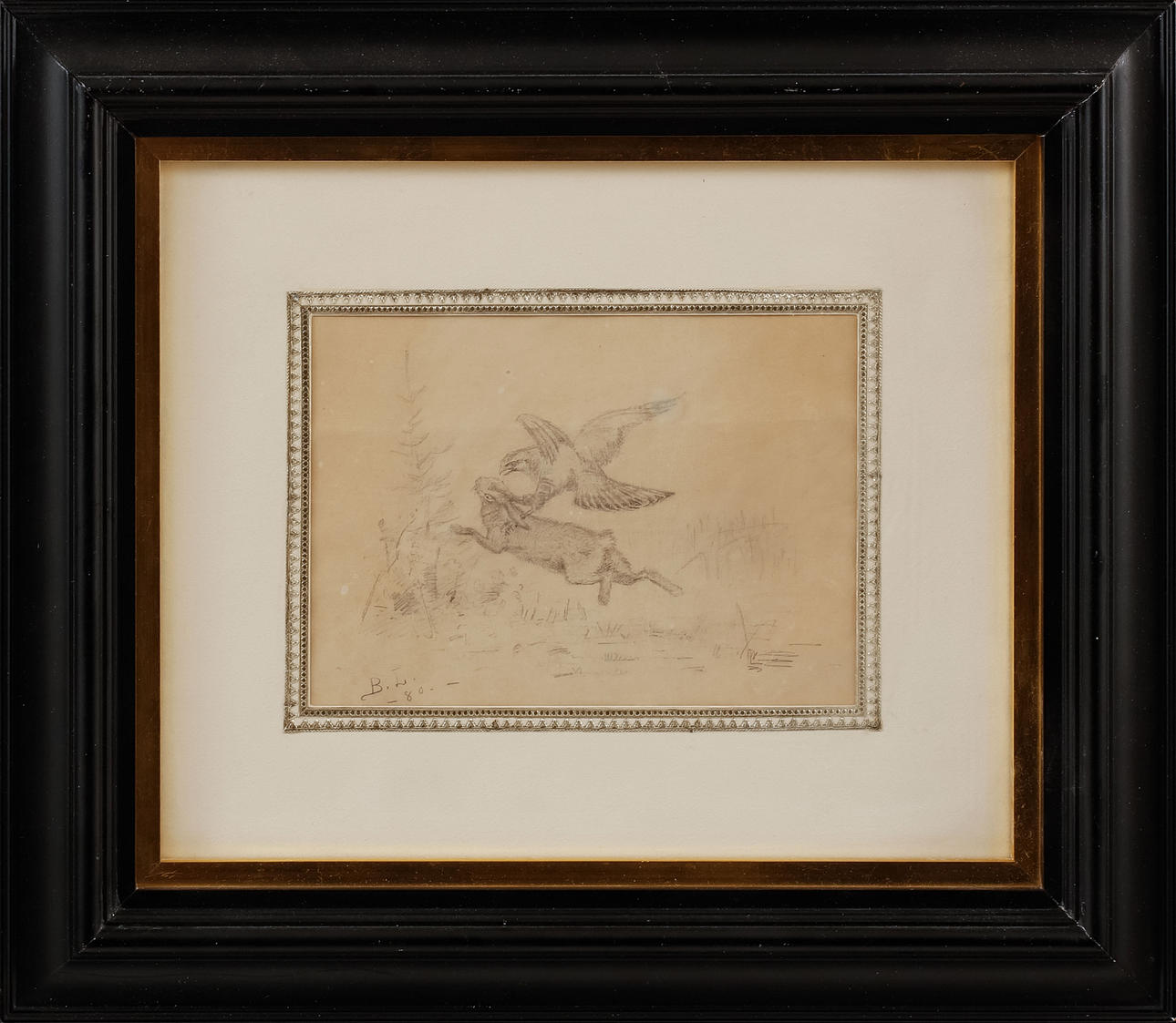 BRUNO LILJEFORS. "Hawk and Hare". Pencil, monogram signed and dated 1880.