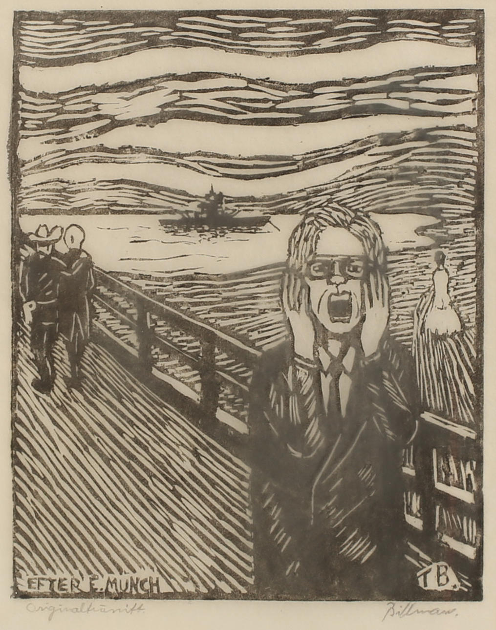 TORSTEN BILLMAN. Träsnitt, "efter E Munch", signerat.