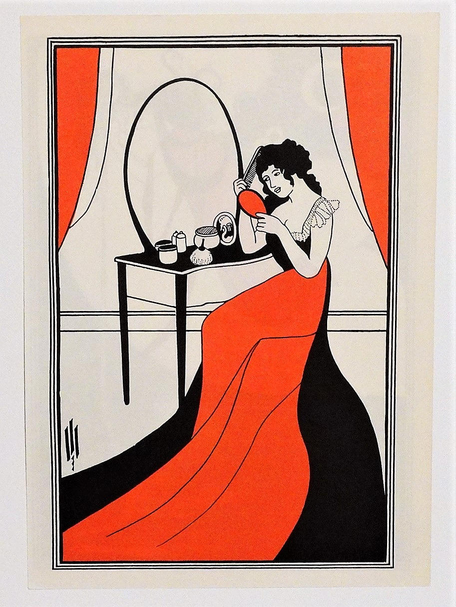 AUBREY BEARDSLEY. Woman with a comb and mirror, woodcut. Art