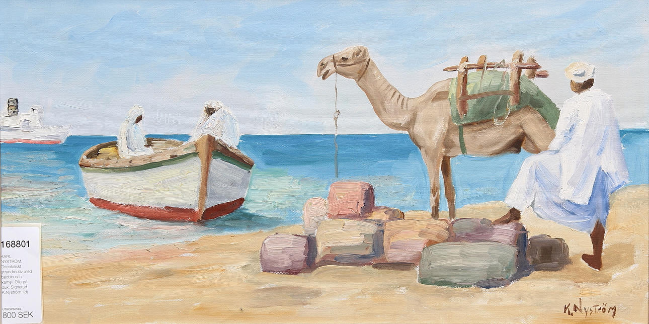 KARL NYSTRÖM. Orientaliskt strandmotiv med beduin och kamel. Olja på duk. Signerad K.Nyström.