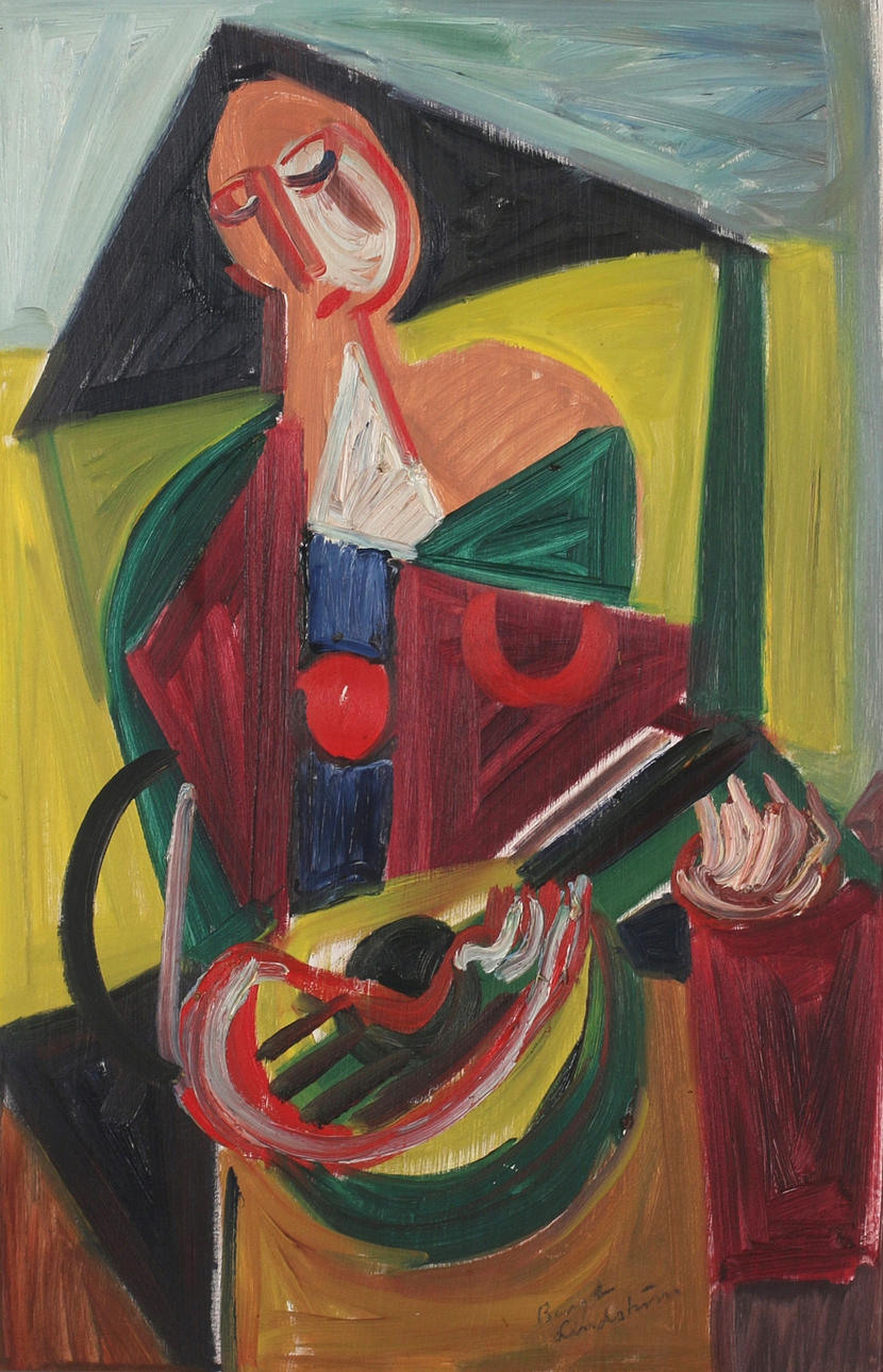 BENGT LINDSTRÖM. Mujer con laúd, óleo sobre Tabla.