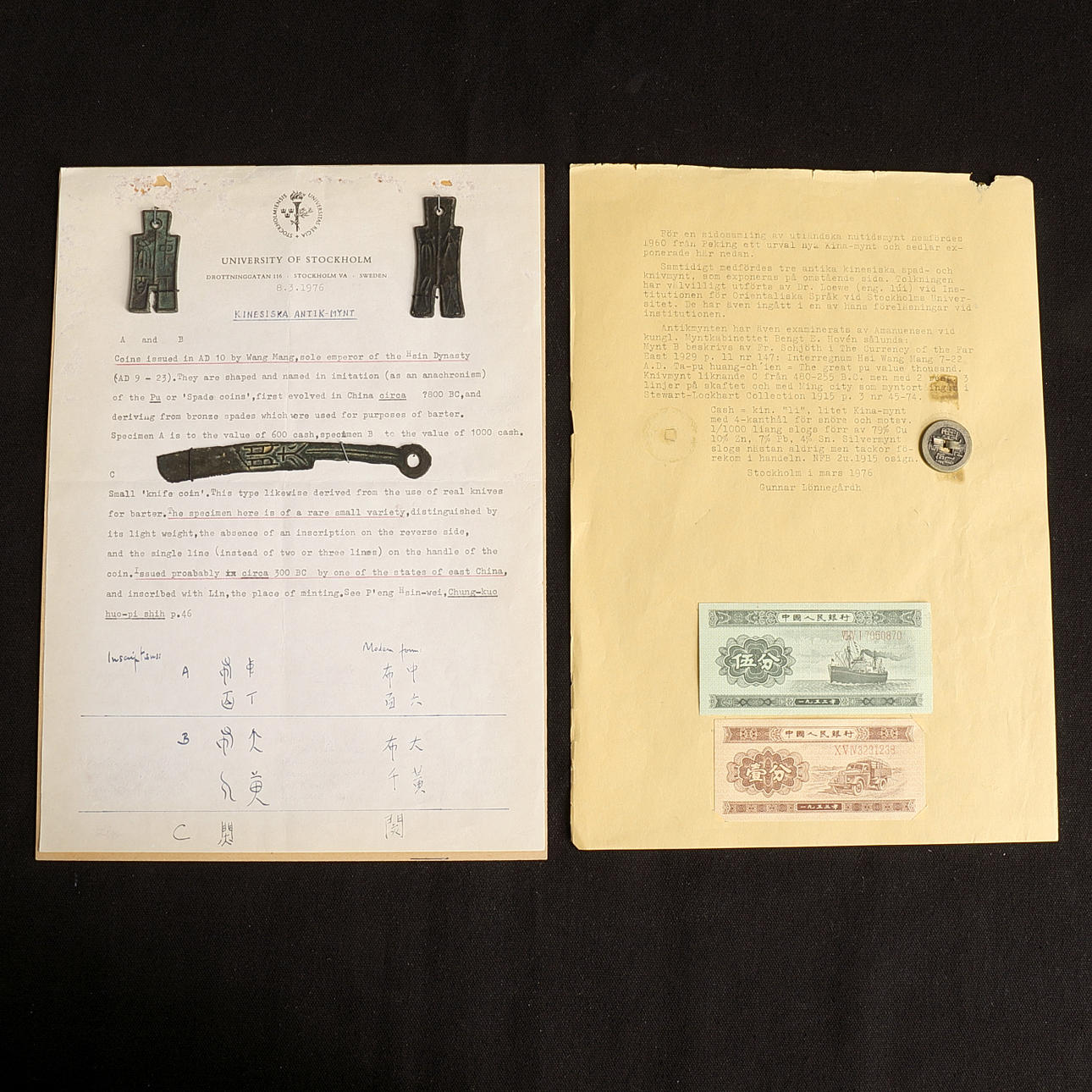 KINESISKA MYNT, SEDLAR.