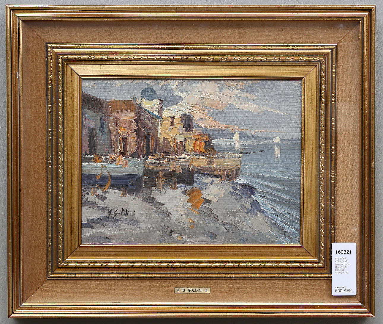 ITALIENSK KONSTNÄR. Italiensk hamn. Olja på duk. Signerad G.Goldini.