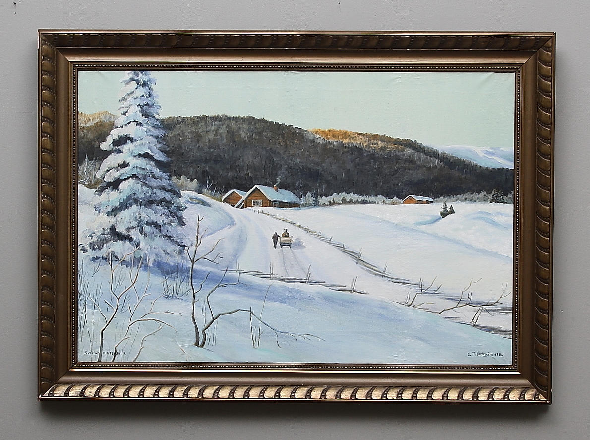OIDENTIFIERAD KONSTNÄR. "Svensk vinterbild". Olja på duk. Signerad C.Th. Lindström och daterad 1926.