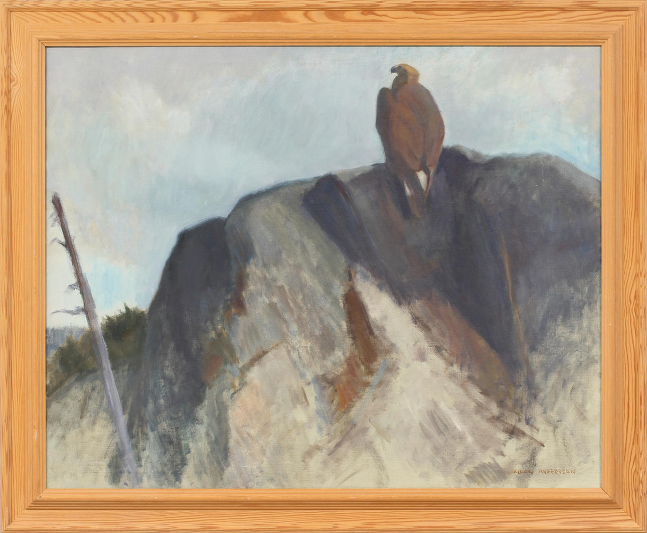ALLAN ANDERSSON. Rovfågel på berghäll, olja på duk, signerad.