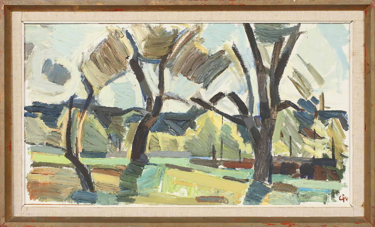 CALLE JOHANSSON. "Stammar i motljus". Olja på duk. Monogramsignerad.