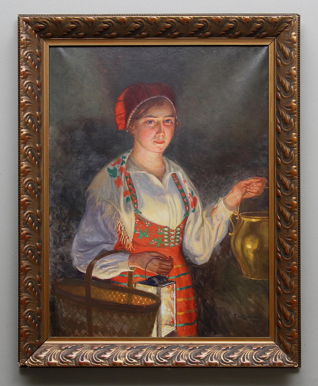 EMIL LINDGREN. Kvinna med mässingkruka, lykta och korg. Olja på duk, signerad och daterad 1927.