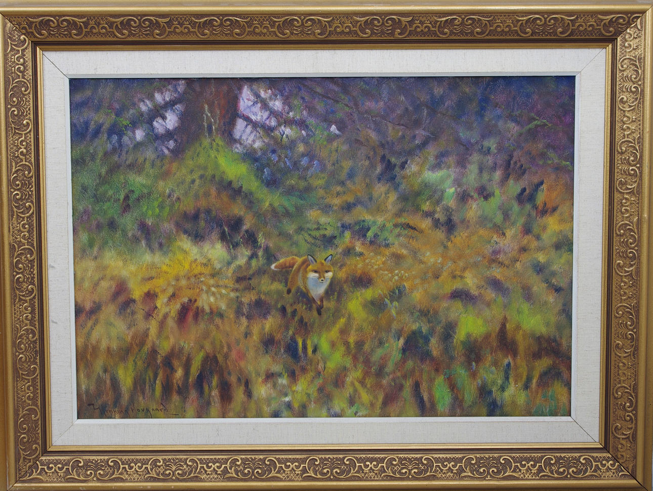 HENNING HOUGAARD. räv i skogsmiljö, olja på duk, signerad.