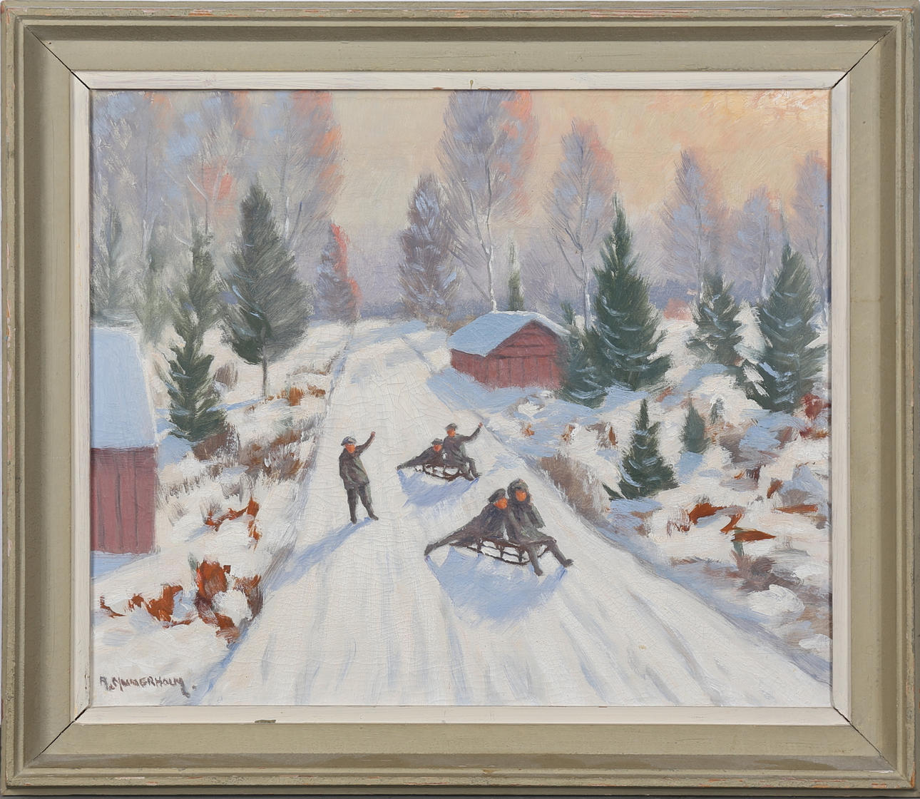 OIDENTIFIERAD KONSTNÄR. Barn med kälkar. Olja på duk, signerad Synnerholm.