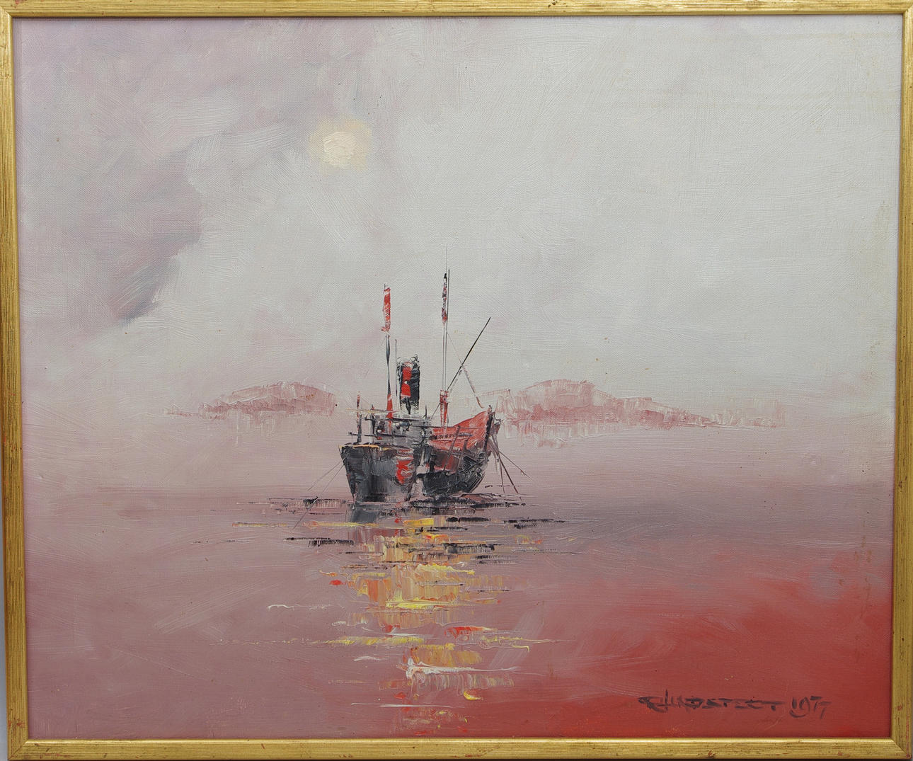 R. LINDSTEDT. Båt till havs, olja på duk, signerad 1977.