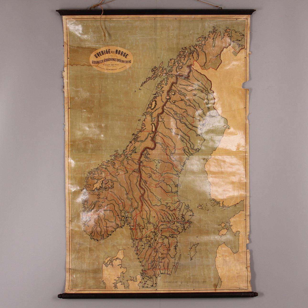 KARTA, Sverige och Norge för geografisk åskådnings-undervisning, Oscar Åbergh, 1800-tal.