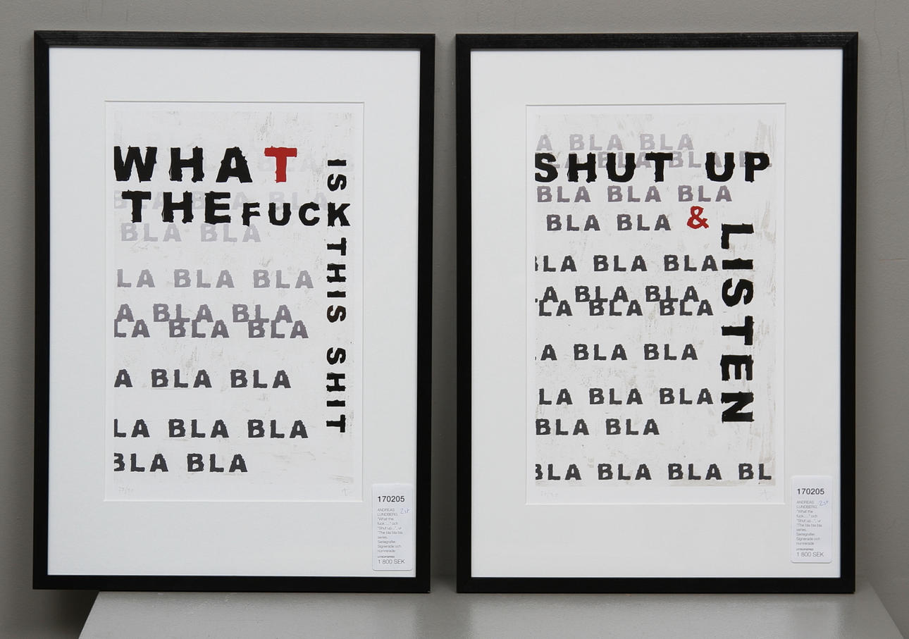 ANDREAS LUNDBERG. 2 st. "What the fuck....." och "Shut up...", ur "The bla bla bla series. Seriegrafier. Signerade och numrerade 27/90 samt 28/90.