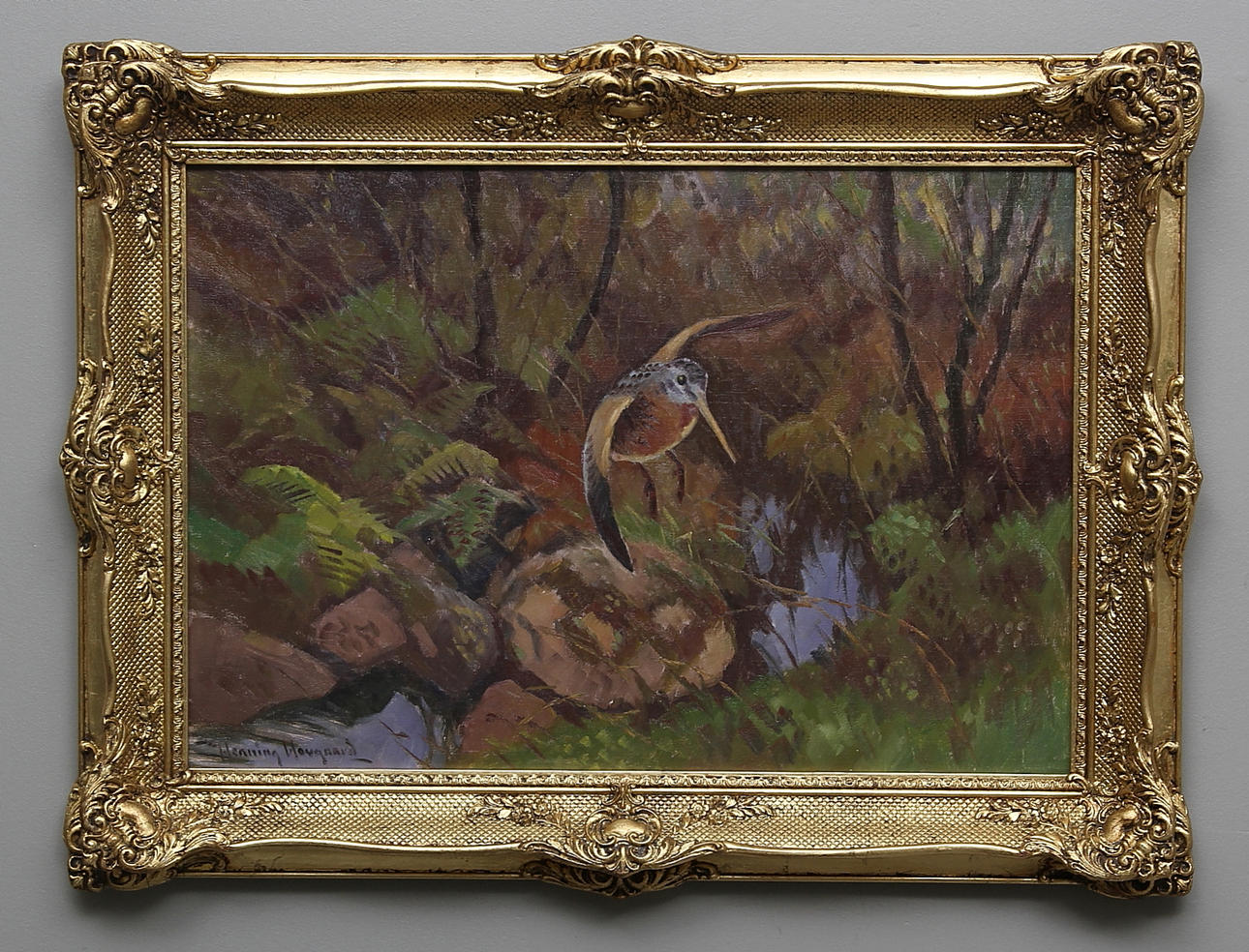 HENNING HOUGAARD. Fågel vid vattenbryn. Olja på duk. Signerad.