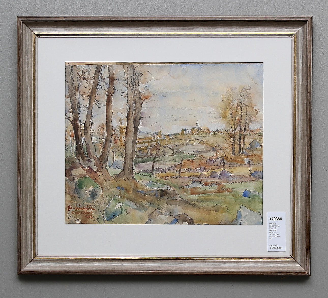 MARTIN LINDSTRÖM. Motiv från Kättilstad. Akvarell. Signerad och daterad 1956.