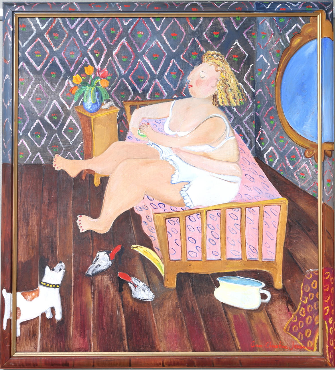 ANN-CHRISTINE JENSMAR. "Dam med fårskinnstofflor", olja på duk, signerad Ann-Christine Jensmar.