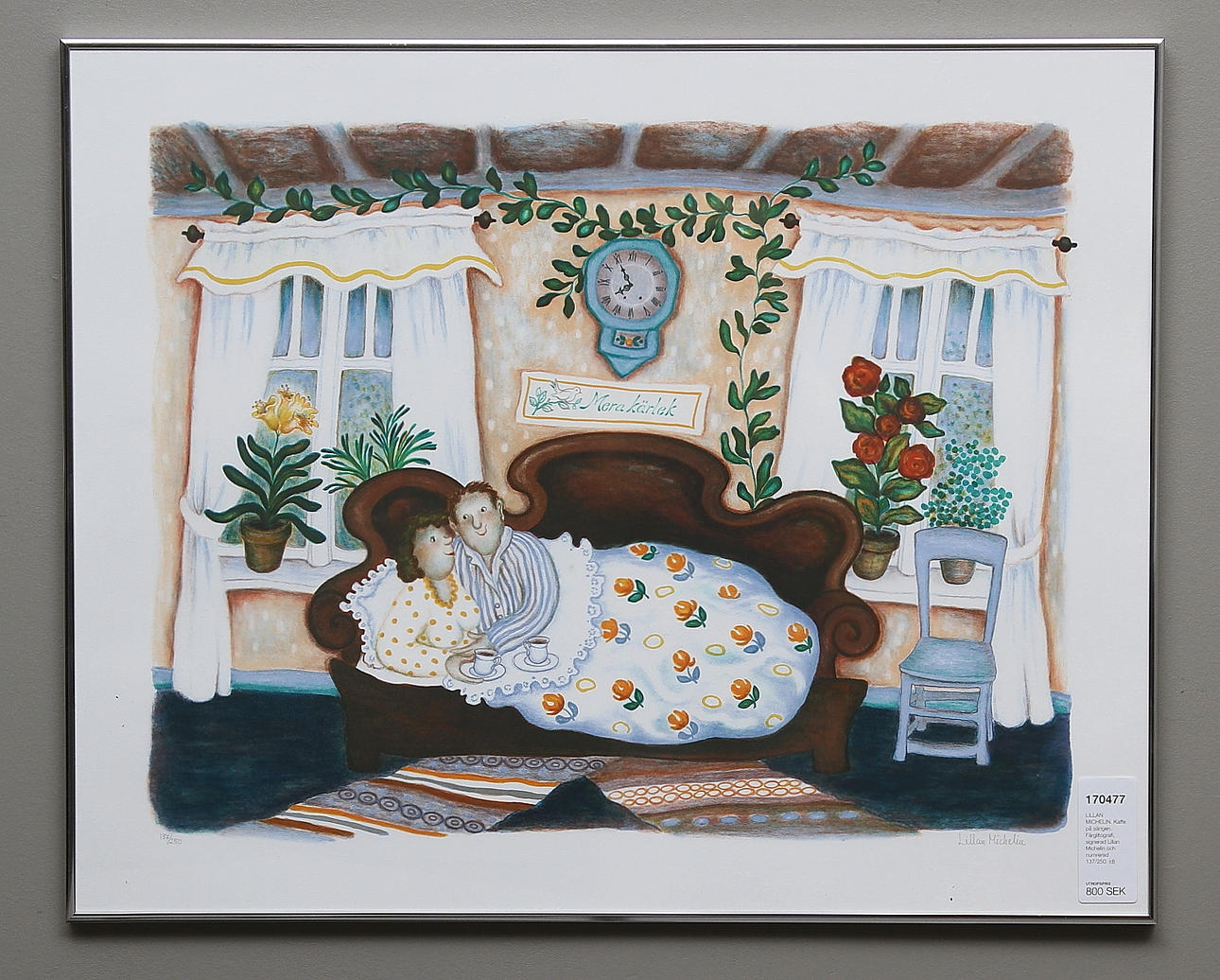 LILLAN MICHELIN. Kaffe på sängen. Färglitografi, signerad Lillan Michelin och numrerad 137/250.